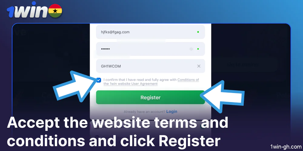 Accept the 1win website terms and conditions and click Register
