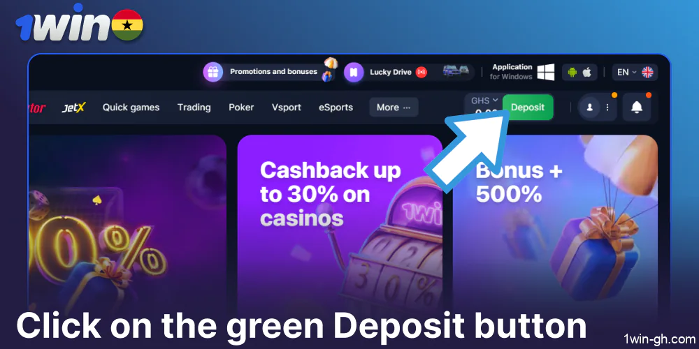 Click on the green Deposit button on 1win